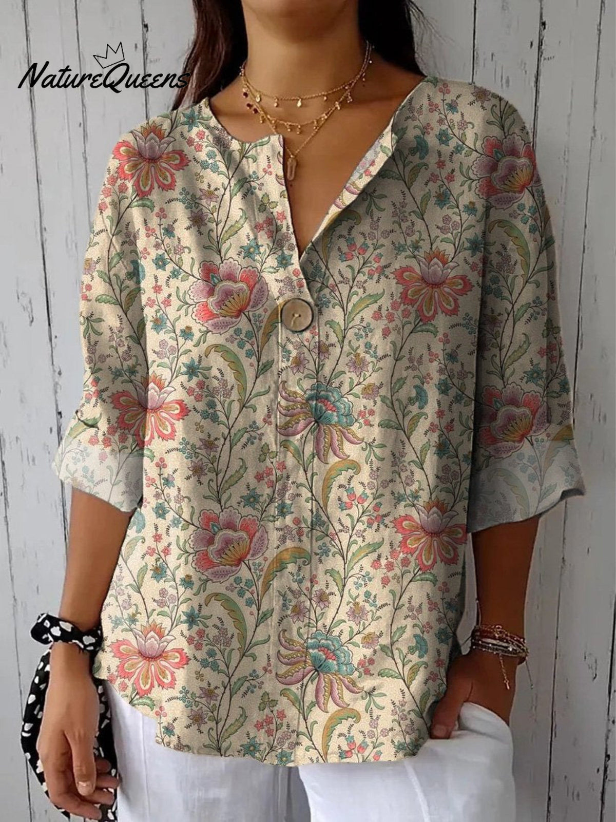 70s Style Vintage Floral Garden Printed Women's Casual Cotton Linen Shirt