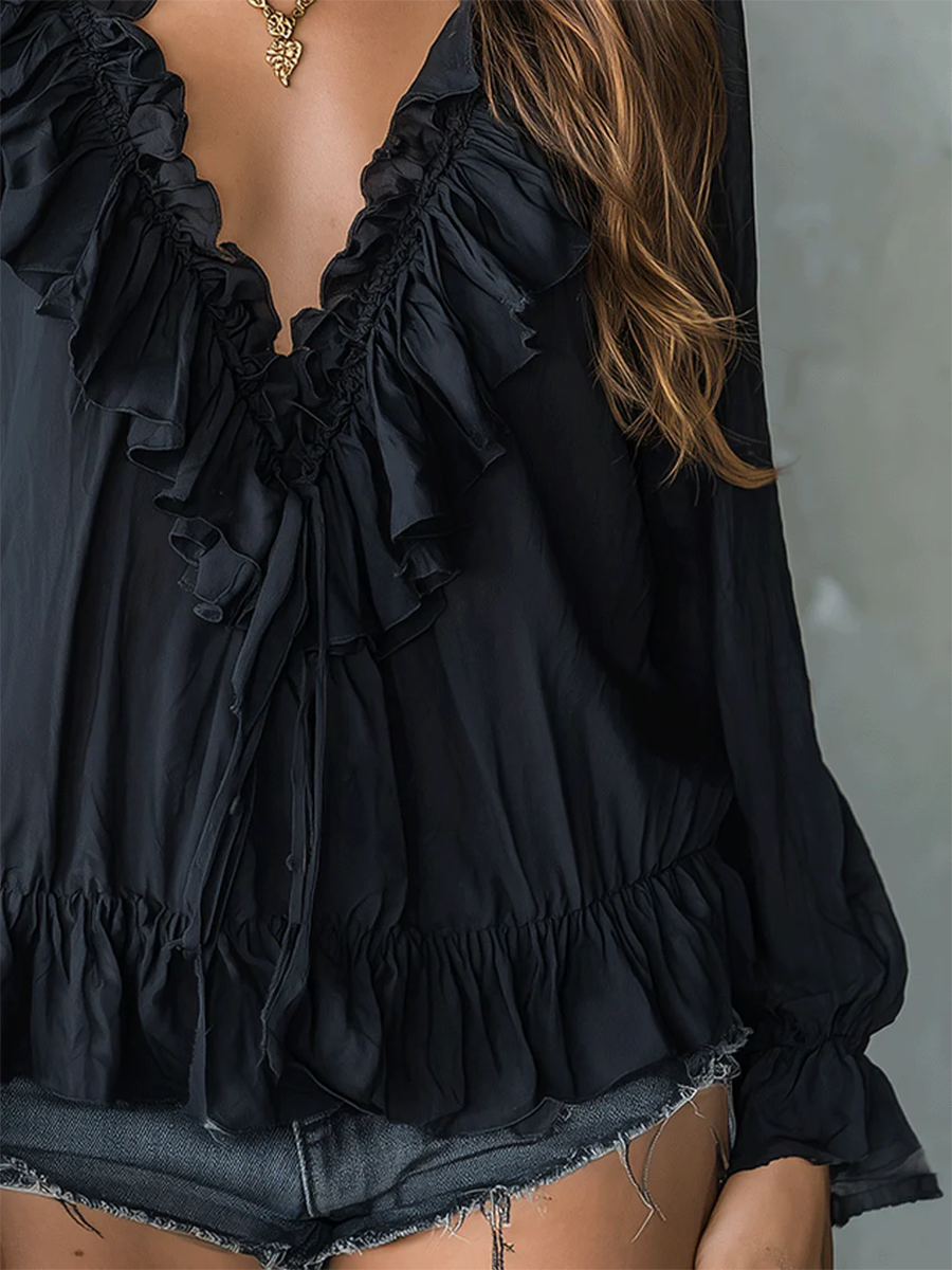 Cozy V-neck Ruffled Cotton-linen Shirt