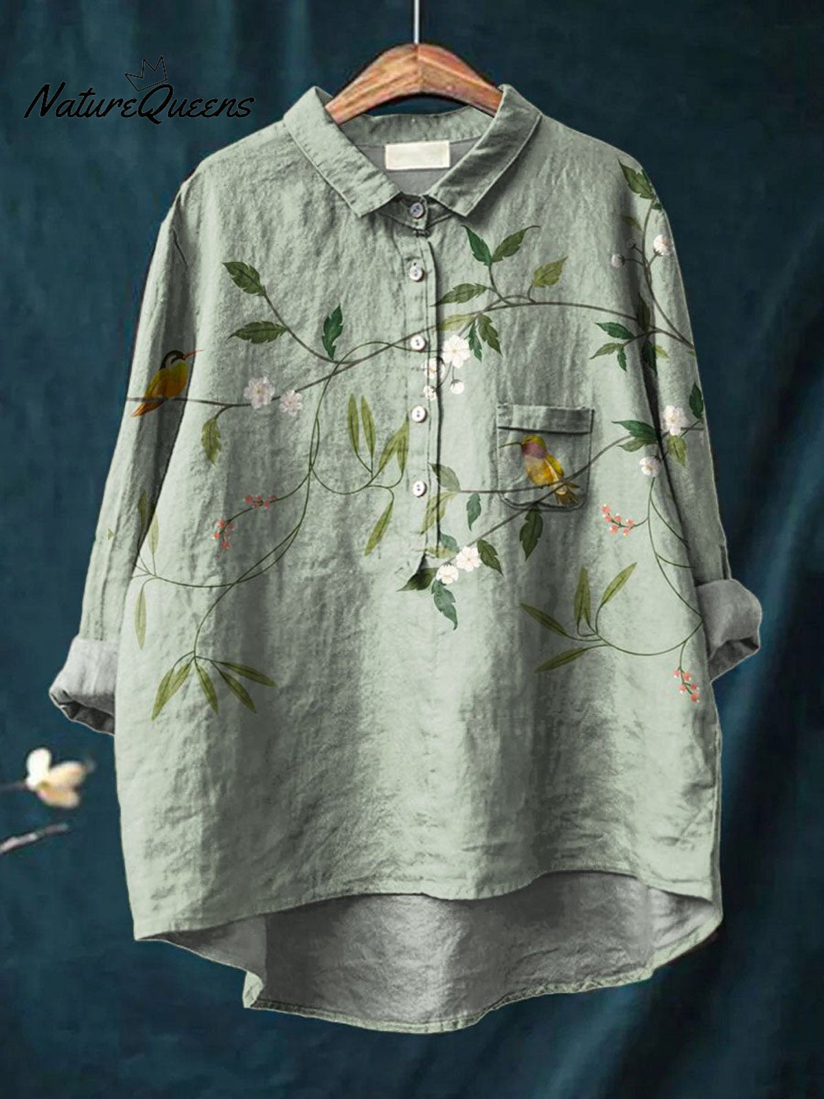Vintage Lovely Birds Floral Art Print Casual Cotton And Linen Shirt
