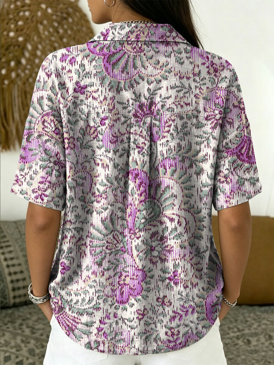 Women's Vintage Botanical Floral Casual Polo Collar Short-sleeved Linen And Cotton Shirt