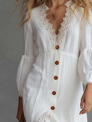 Elegant And Casual Lace Trim White Cotton And Linen Midi Dress