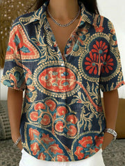 Retro Ethnic-style Floral Print Short-sleeve Shirt With Turn-down Collar