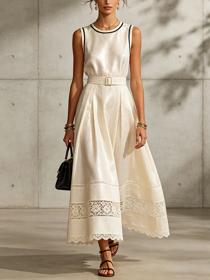 Elegant Sleeveless Linen And Cotton Dress With Lace Splicing