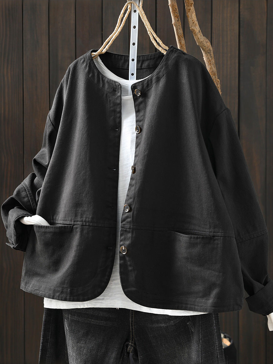 Women Winter Artsy Pure Color O-Neck 100%Cotton Shirt