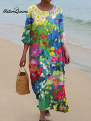 Women's Vintage Lovely Floral Art Print Pocket Cotton Dress