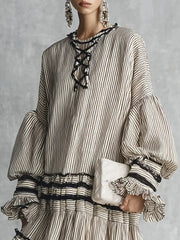 Women's Casual Stylish Vacation Art Striped Ruffled Cotton Maxi Dress