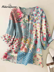 Women's Vintage Floral Patchwork Pattern Art Print Casual Peter Pan Collar Cotton Shirt
