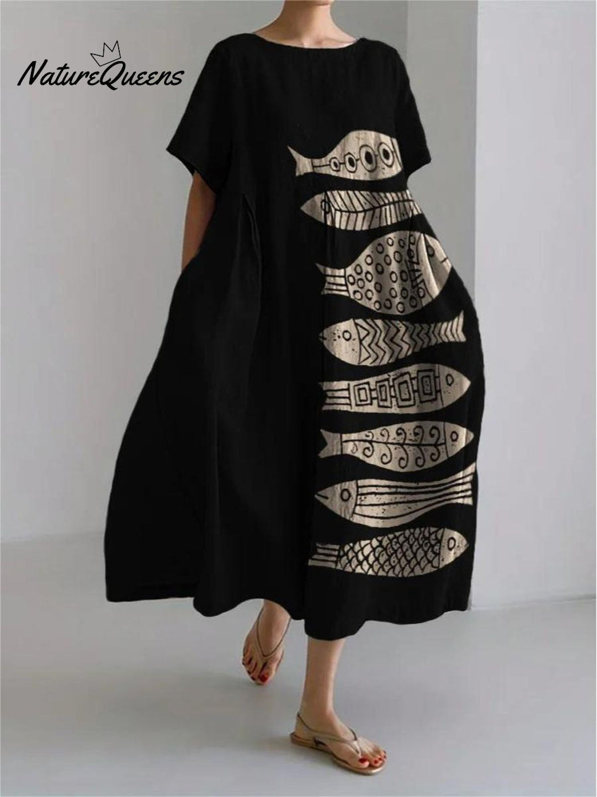 Women's Vintage Lovely Fish Art Print Large Size Loose Casual Dress