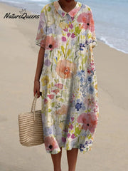 Women's Vintage Lovely Floral Art Print Pocket Linen Dress（Convertible Dress With Front And Back Option）
