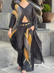 Boho Feather Print Long Shirt And Pants Two-piece Set