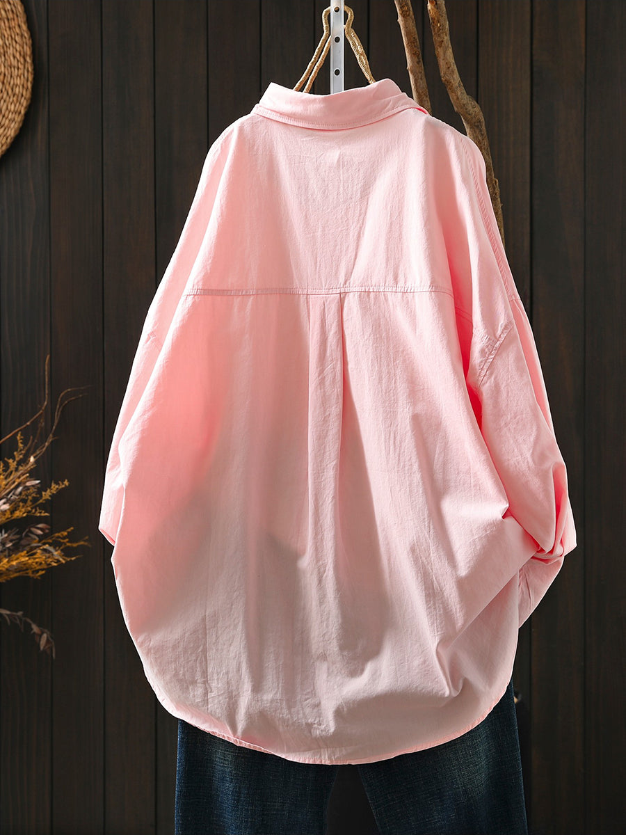 Women Spring Casual Pure Color Turn-down Collar Shirt