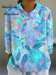 Women's Elegant Floral Pattern Cotton and Linen Top