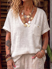 Casual Cozy V-neck Cotton-linen Shirt Top