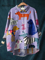 Women's DogArt Print Casual Cotton And Linen Shirt