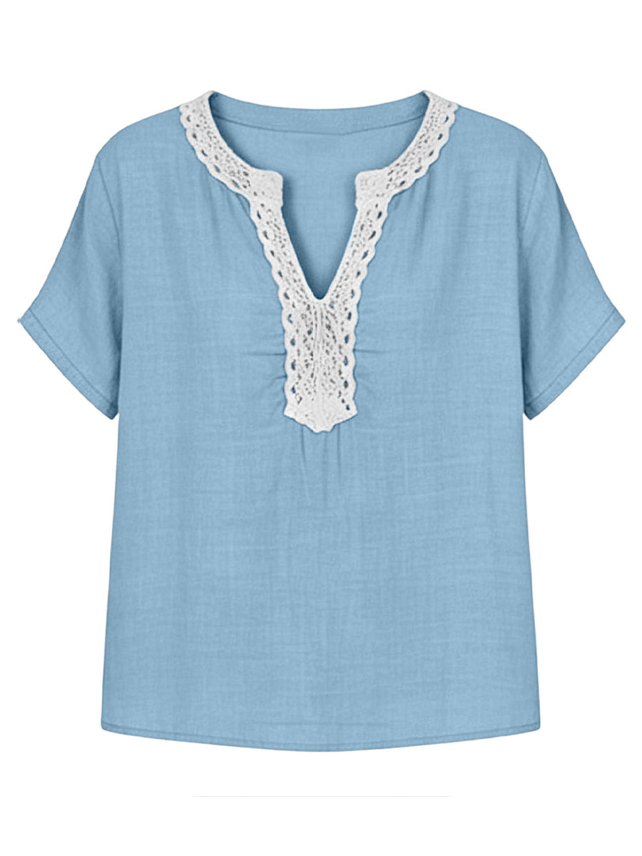 Casual Short-sleeve Top With Lace-trimmed Collar (linen & Cotton)