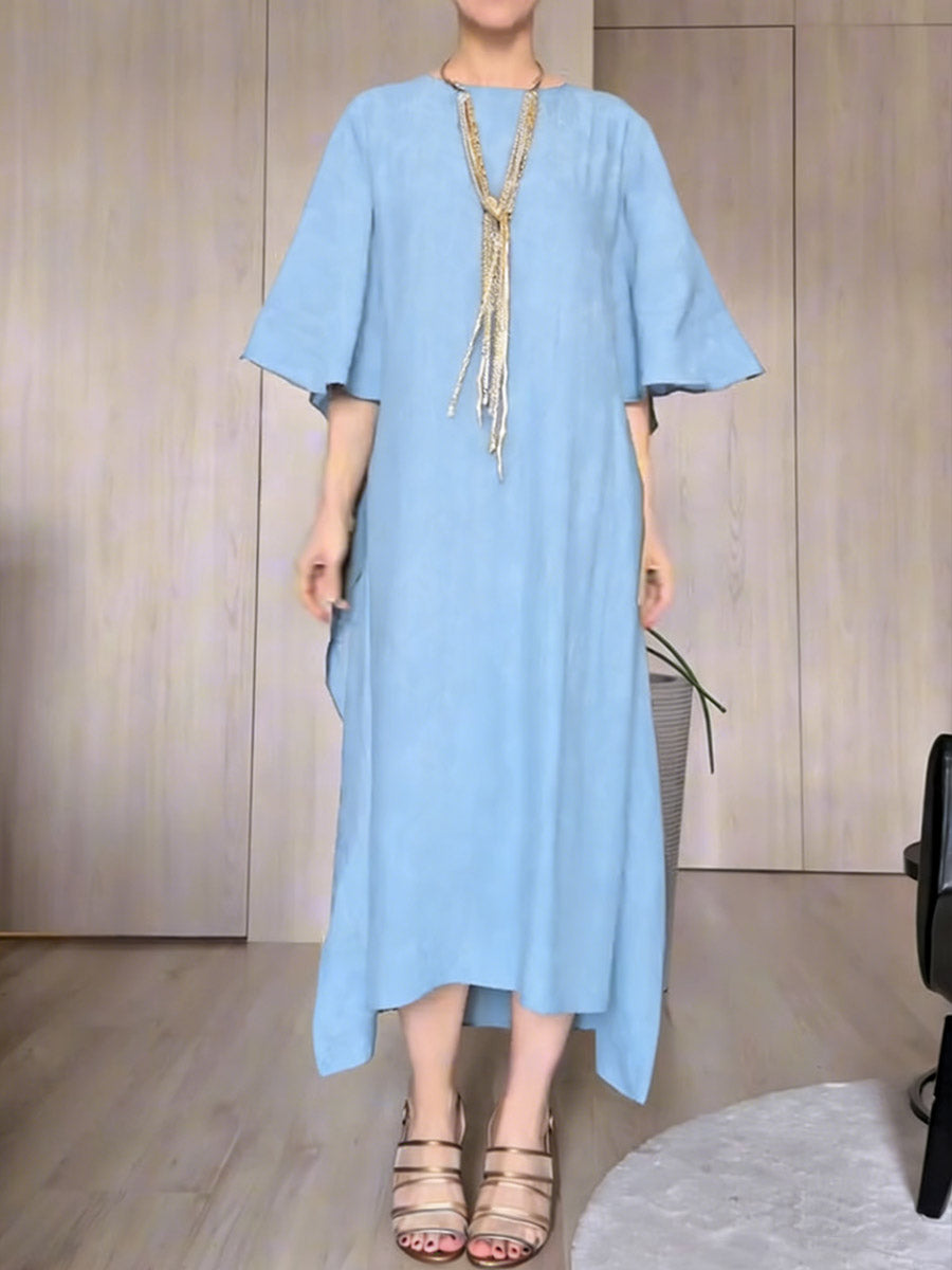 Women's Solid-color Round-neck 3/4-sleeve Casual Loose-fit Dress