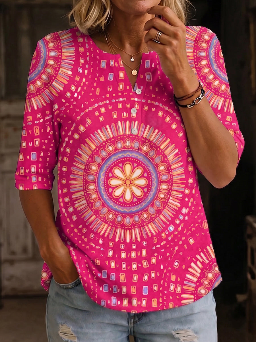 Bohemian Floral Print Henley Cotton T-shirt