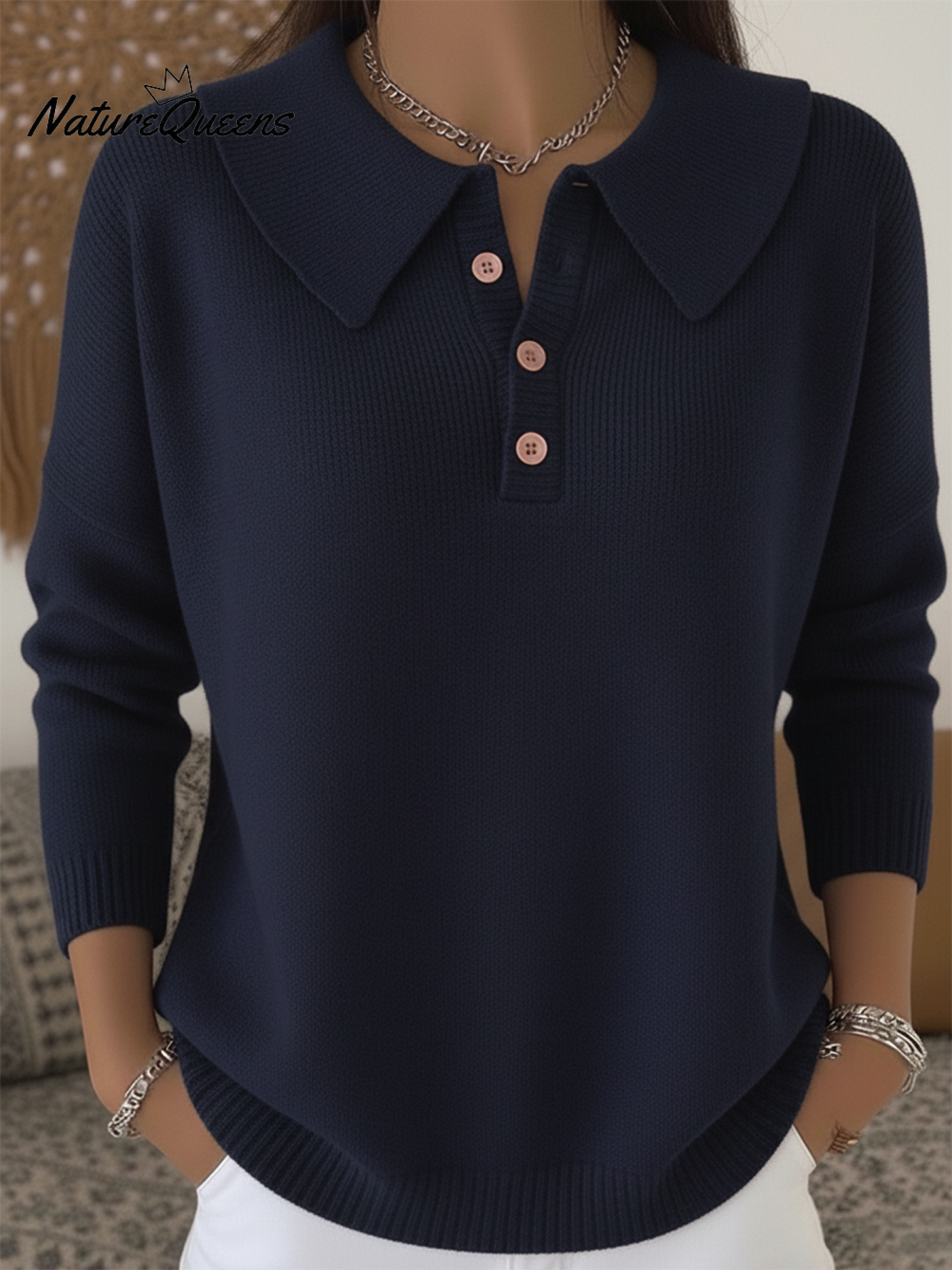 Women's Peter Pan Button Solid Color Sweater Top