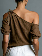 Women's Casual Brown Cotton-Linen Top