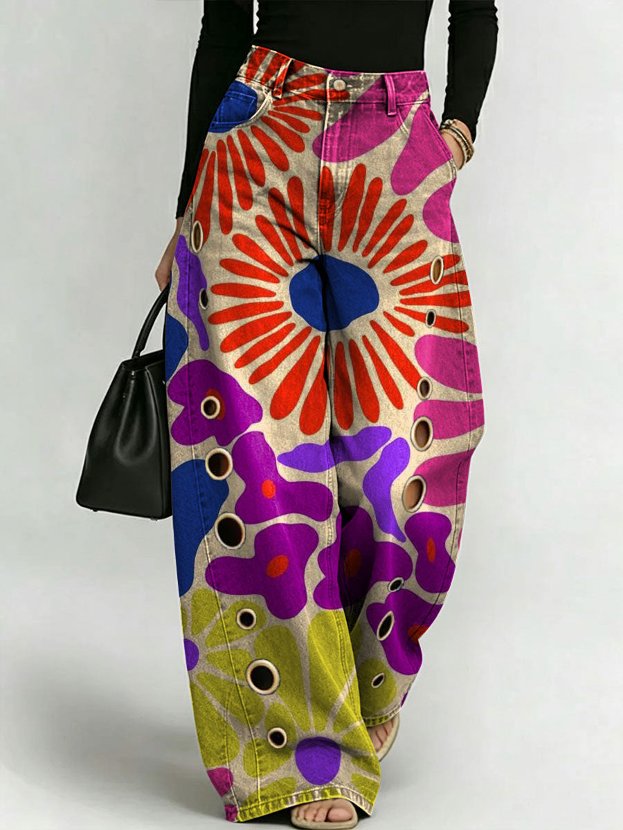 Women's Retro Geometric Floral Patterns Printed Stylish Cutout Casual Denim Jeans