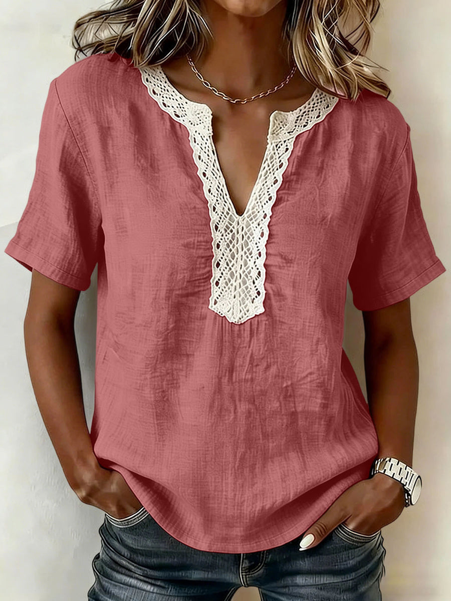 Casual Short-sleeve Top With Lace-trimmed Collar (linen & Cotton)