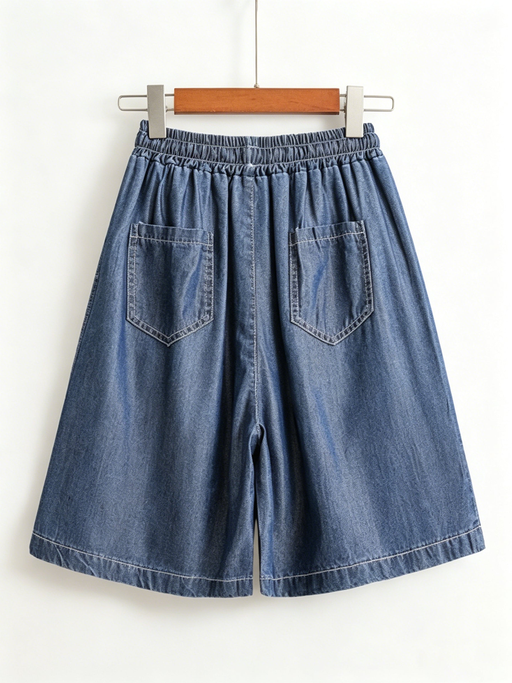 Washed Tencel Denim Wide-leg Mid-length Shorts With Elastic Drawstring Waist