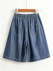 Washed Tencel Denim Wide-leg Mid-length Shorts With Elastic Drawstring Waist
