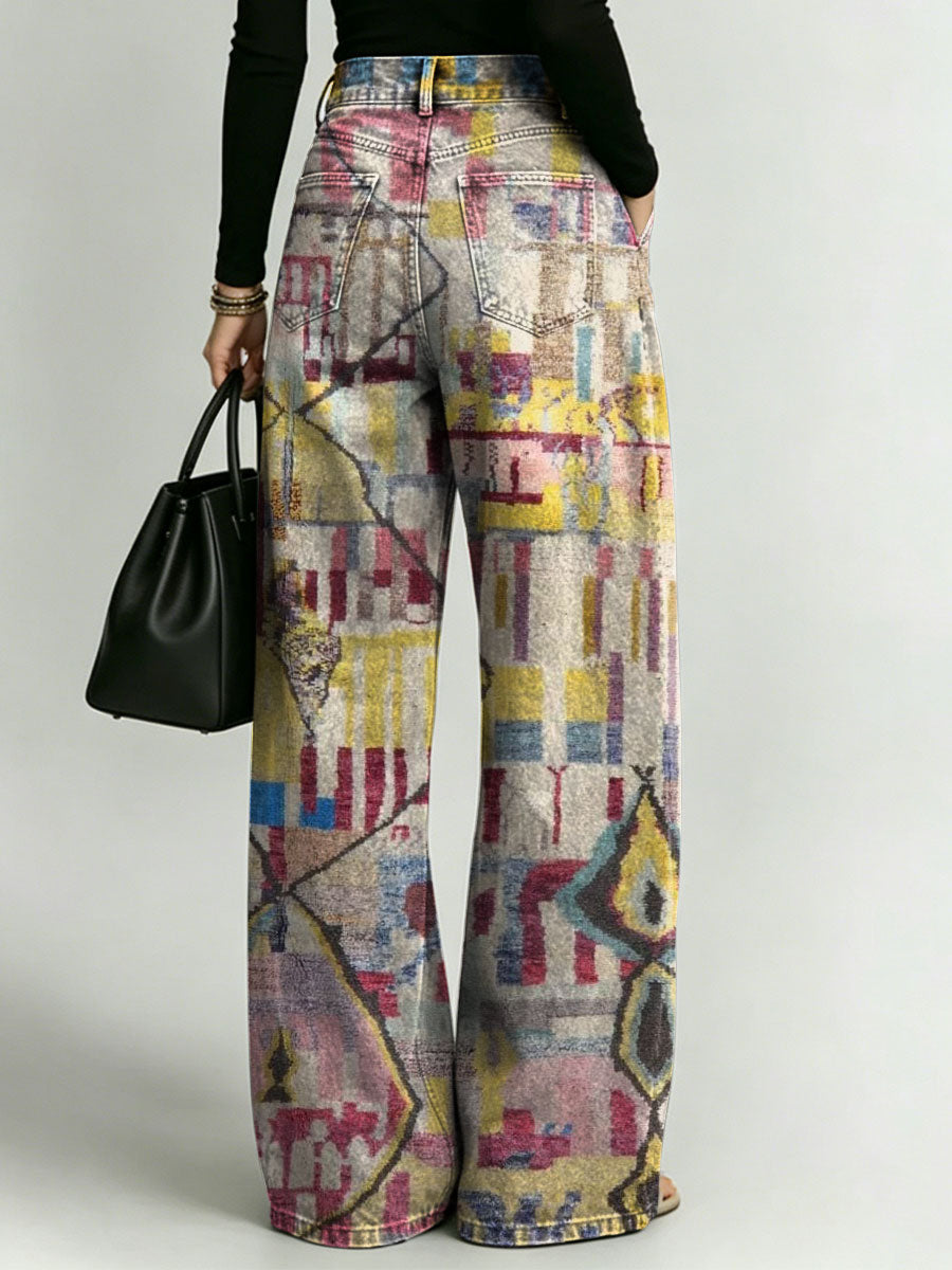 Women's Retro Geometric Color-blocking Patterns Printed Stylish Cutout Casual Denim Jeans