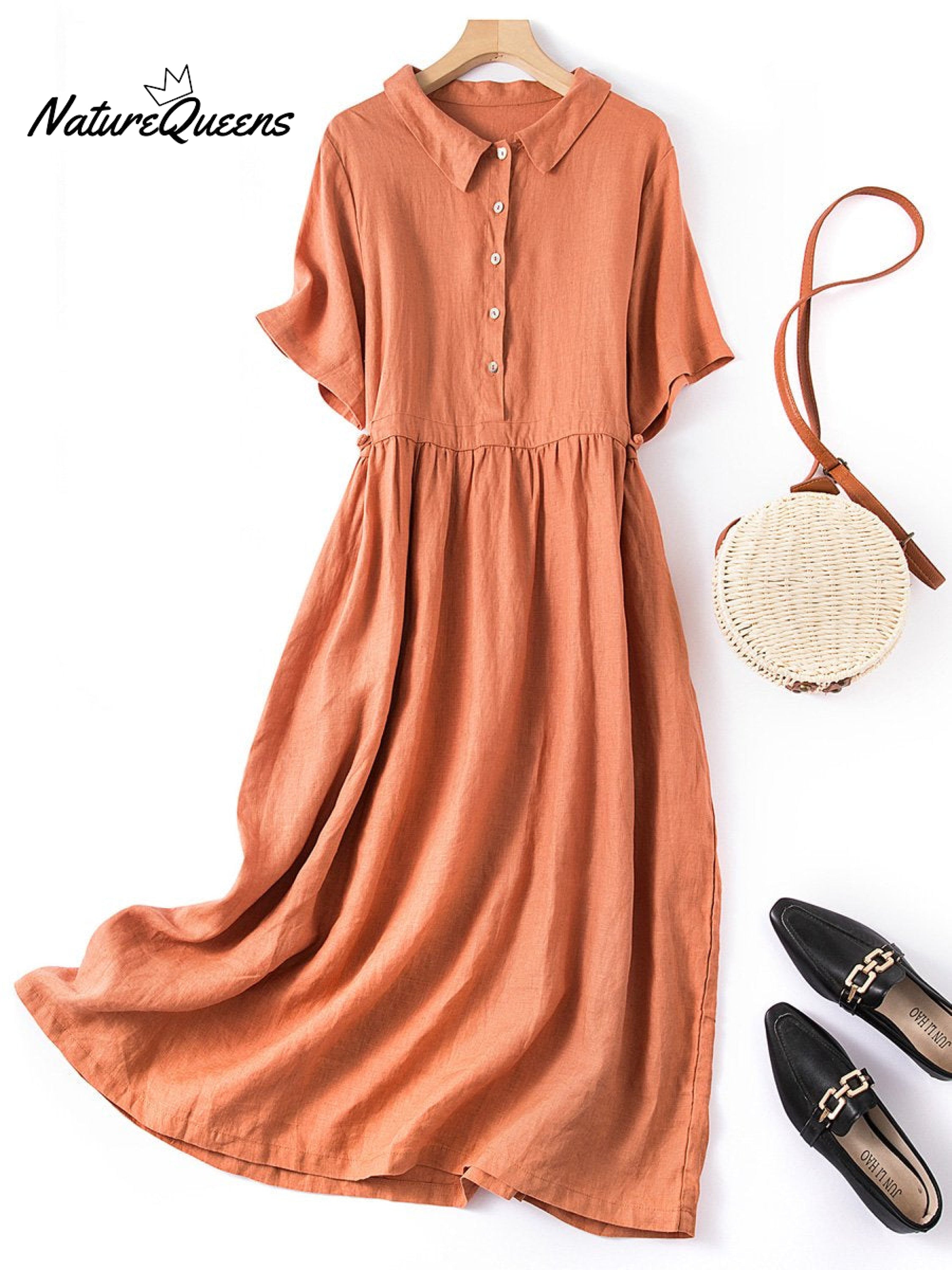 Women's Spring and Summer Short Sleeve Shirt Collar Retro Dress