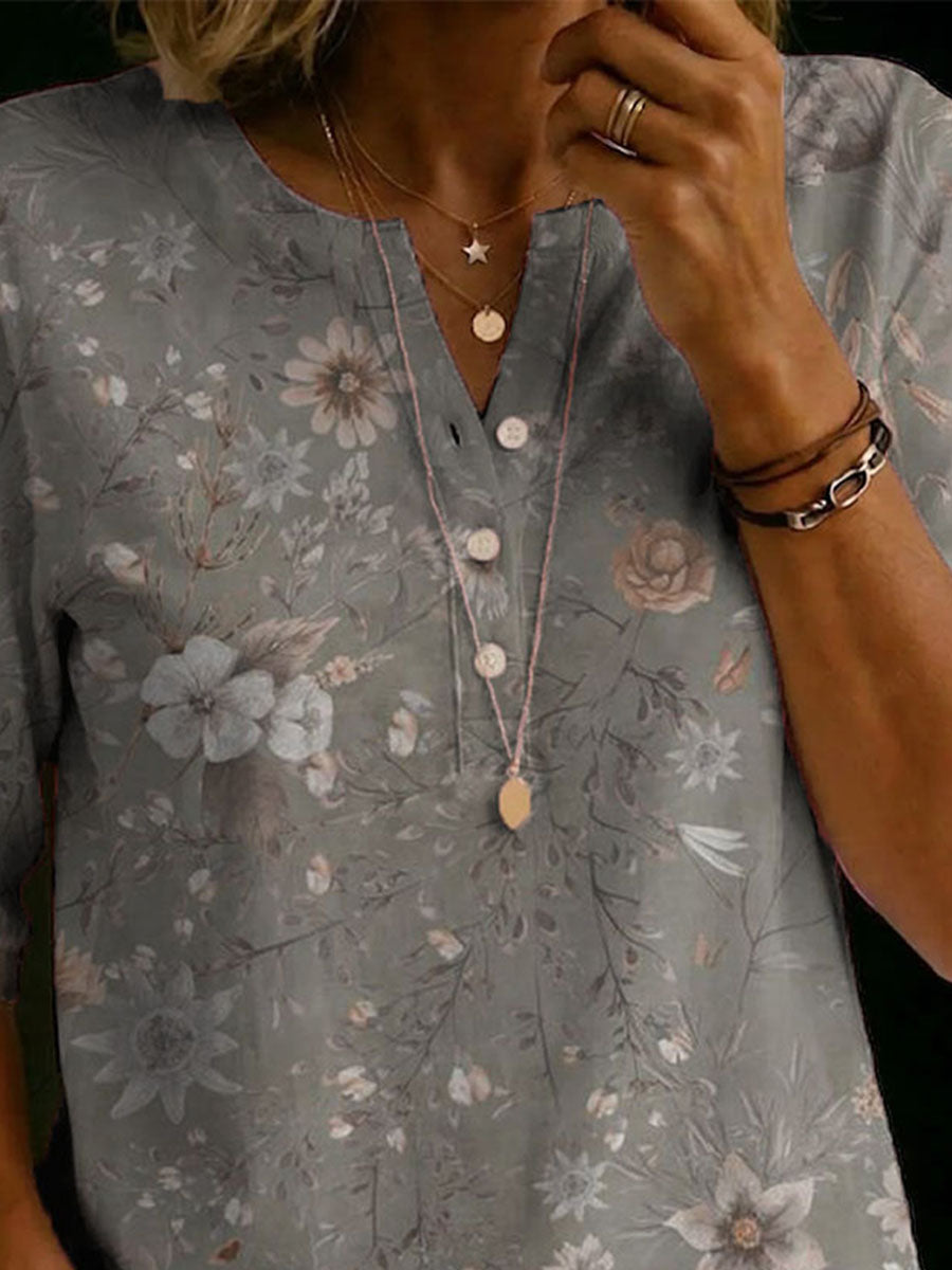 Women's Flower Print Classic 100% Cotton Henley T-shirt