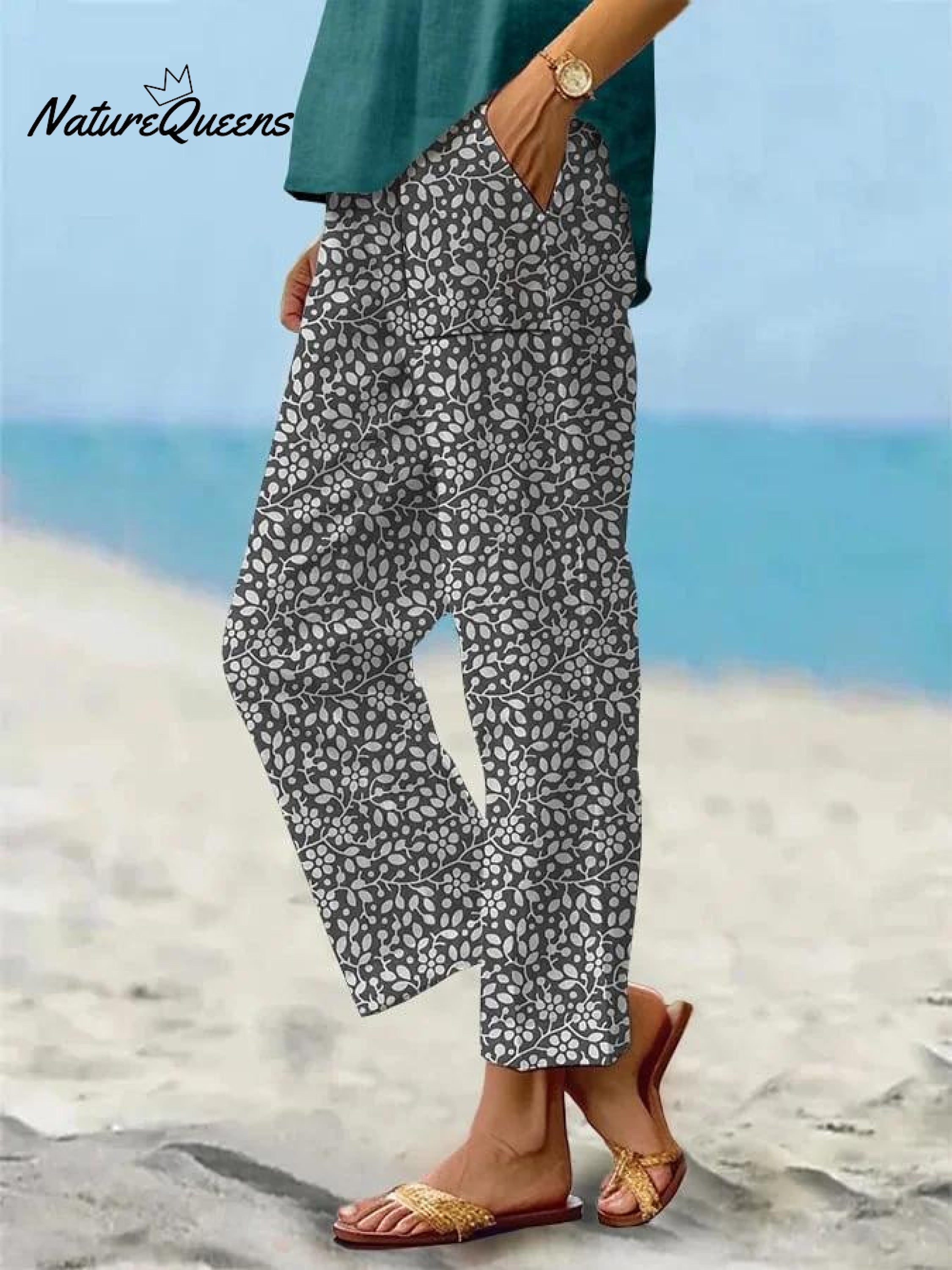 Women's Vintage Floral Art Printed 100%Cotton Casual Pants