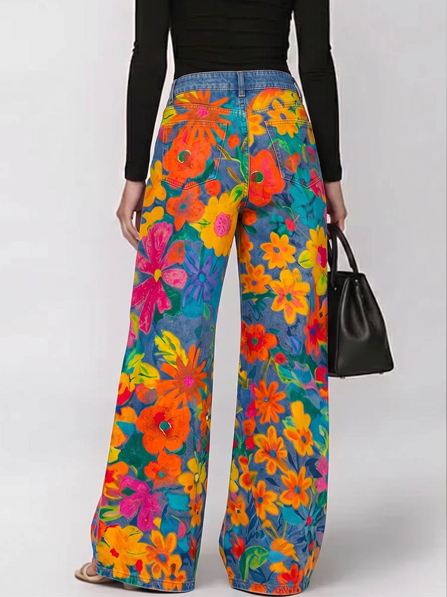 Women's Abstract Print High-waisted Wide-leg Jeans