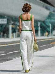 White & Green Trim Linen Cotton Square Neck Camisole & Wide Leg Pants Set