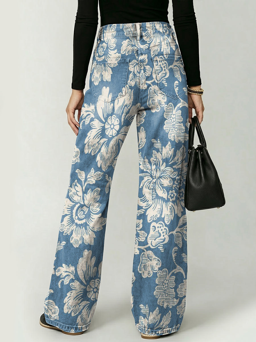 Vintage-style Elegant Floral Decorative Pattern Women's Denim Pants