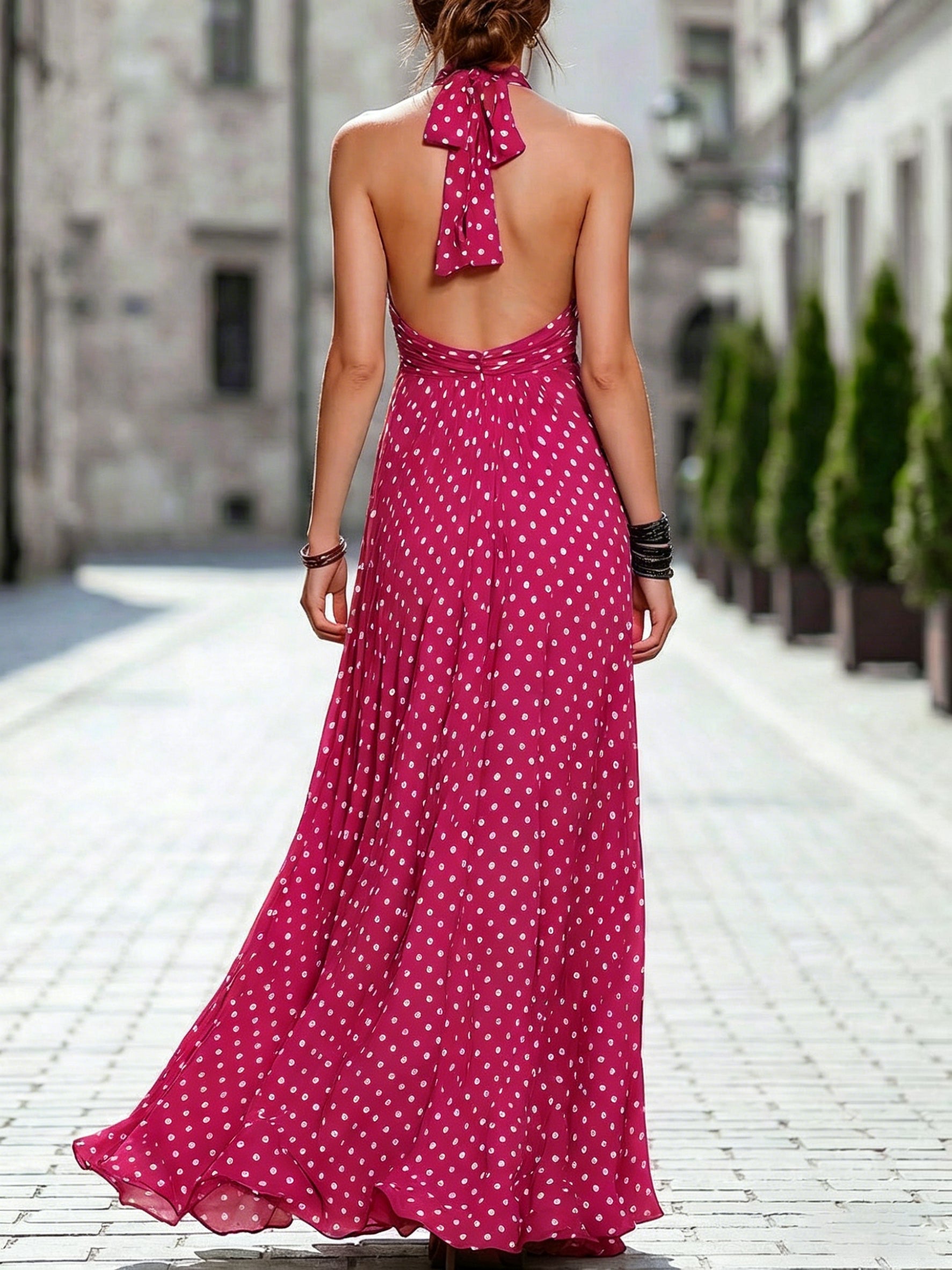 Retro Polka-dot Halter-neck Deep V-neck Pleated Maxi Dress