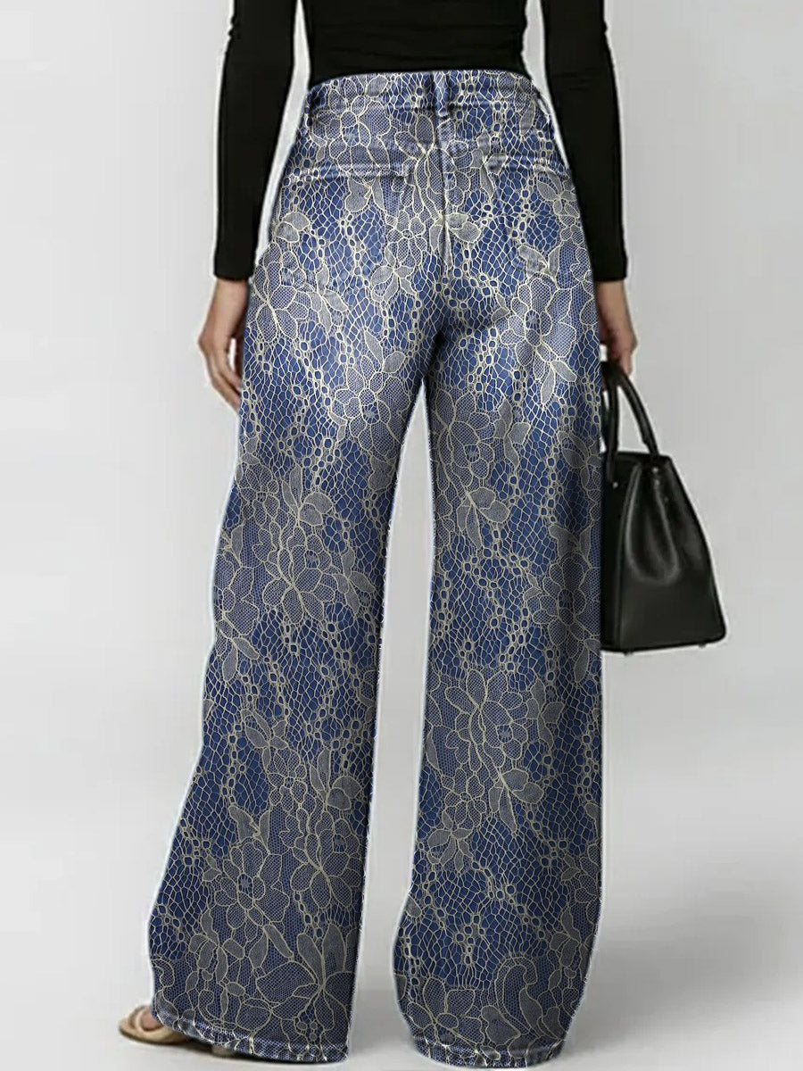 Women's Retro Floral Art Print Casual Stylish Hollow Denim Pants