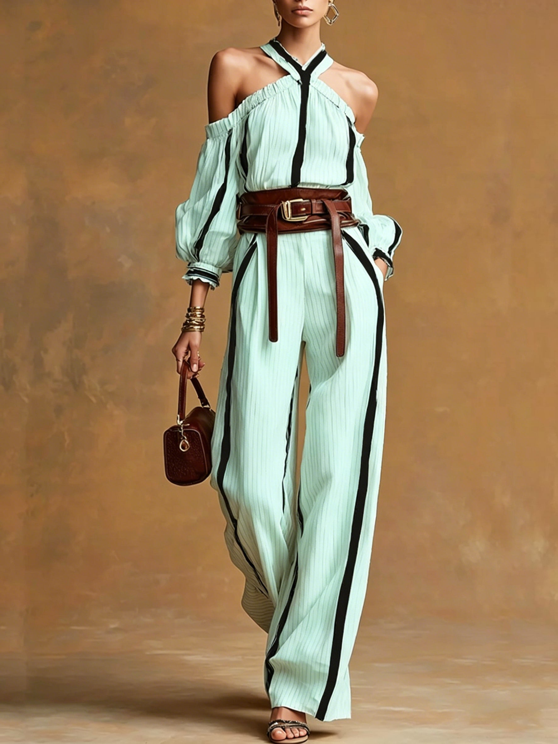 Bohemian Halter Top + Wide-leg Pants Set