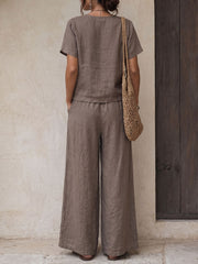 Women's Solid-color Cotton-linen Set: V-neck Short-sleeve Loose-fit Top & High-waisted Wide-leg Pants