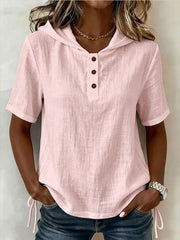 Women's Retro Loose-fit V-neck Hooded T-shirt — Solid Color Casual Short Sleeve