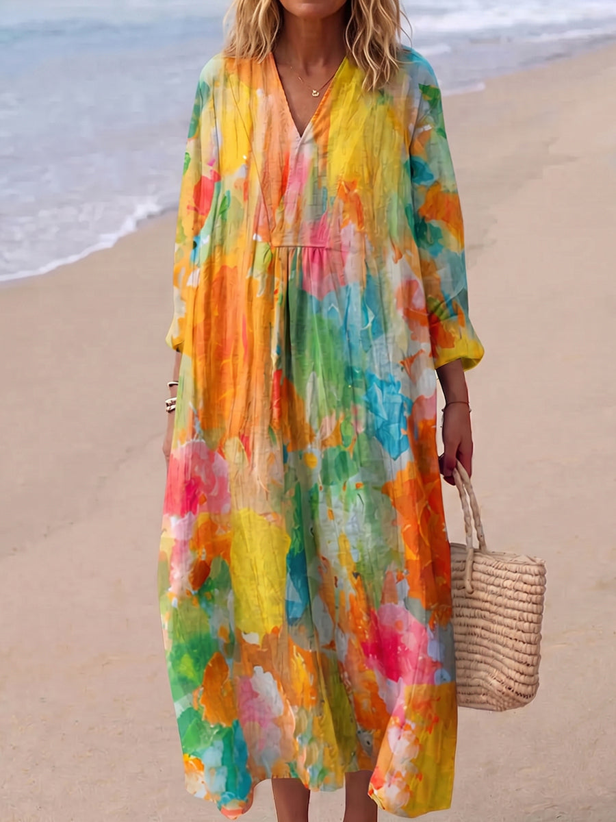 Artistic Floral Color-block Cotton-linen Vacation Dress