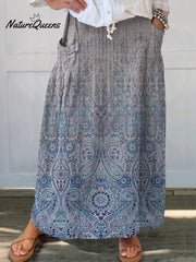 Women's Retro Elegant Ethnic Art Pattern Print Linen Pocket Skirt