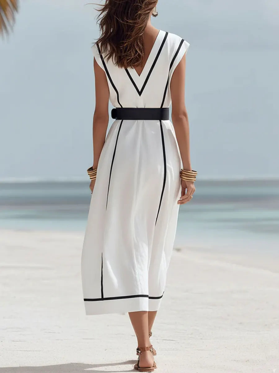Women's Casual Vacation Line-decorated Sleeveless V-neck Dress