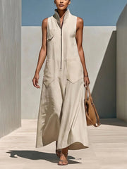Light Beige Textured Cotton-linen Stand Collar Front-zip Cargo Pocket Sleeveless Wide-leg Jumpsuit