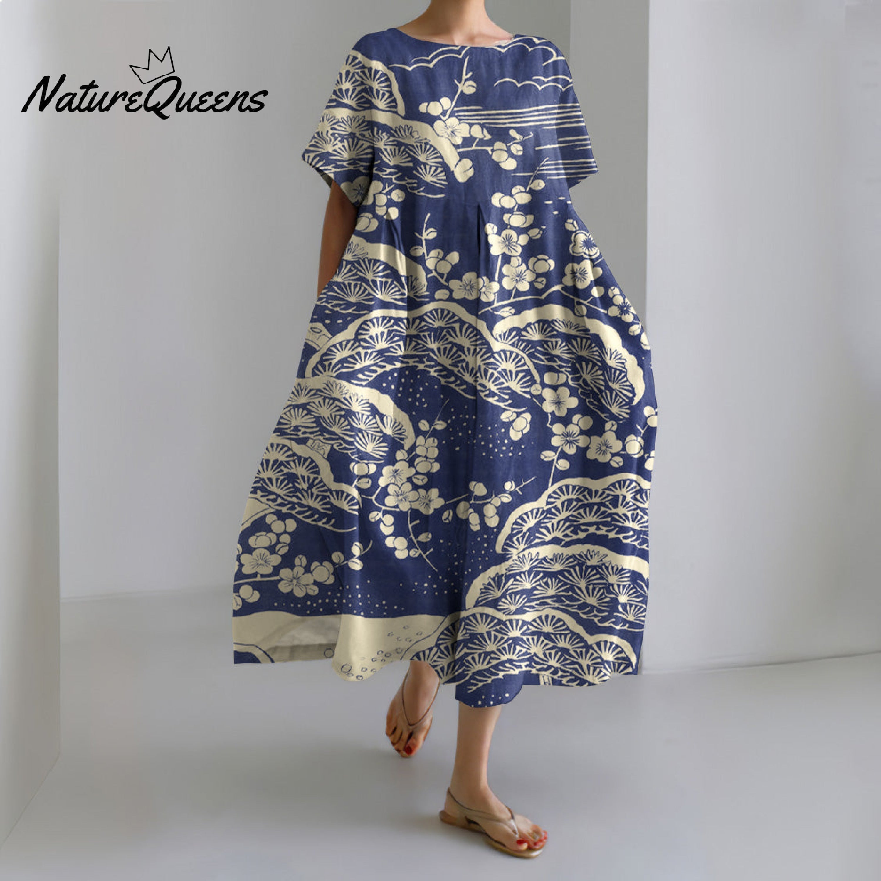 Japanese Art Plum Blossom Printed Crew Neck Casual Midi Dress