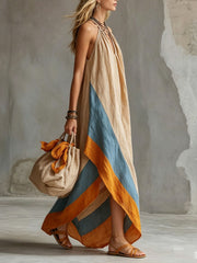 Women's Khaki Color-blocked Hem Cotton-linen Off-shoulder Maxi Dress
