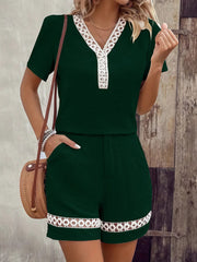 Women's V-neck Short-sleeve Loose-fit Top & High-waisted Wide-leg Shorts Set With Lace Splicing