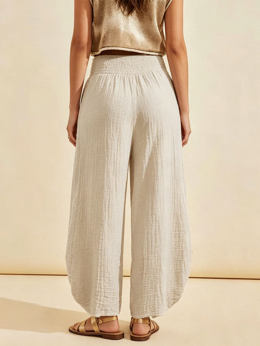 Women's Casual High-waisted Shirring Wide-leg Cotton Trousers