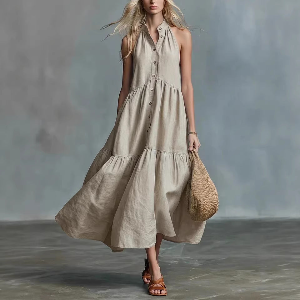 Women's Sleeveless Casual Loose Linen Button-down Dress