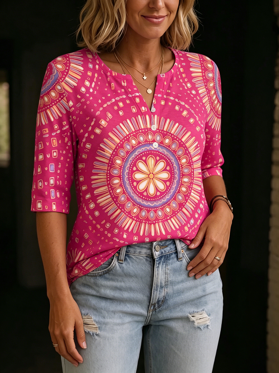 Bohemian Floral Print Henley Cotton T-shirt