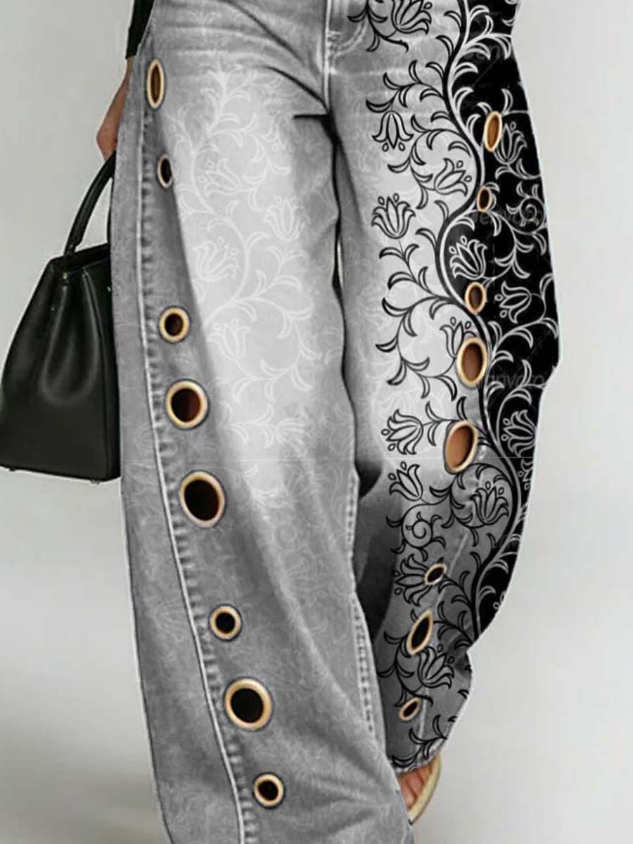 Women's Retro Floral Art Print Casual Stylish Hollow Denim Pants